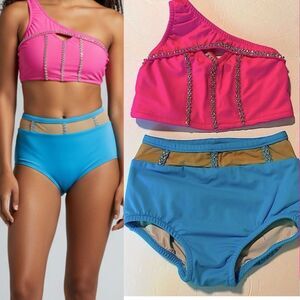 Custom made solo dance costume hot pink neon rhinestone 2 piece illusion 10